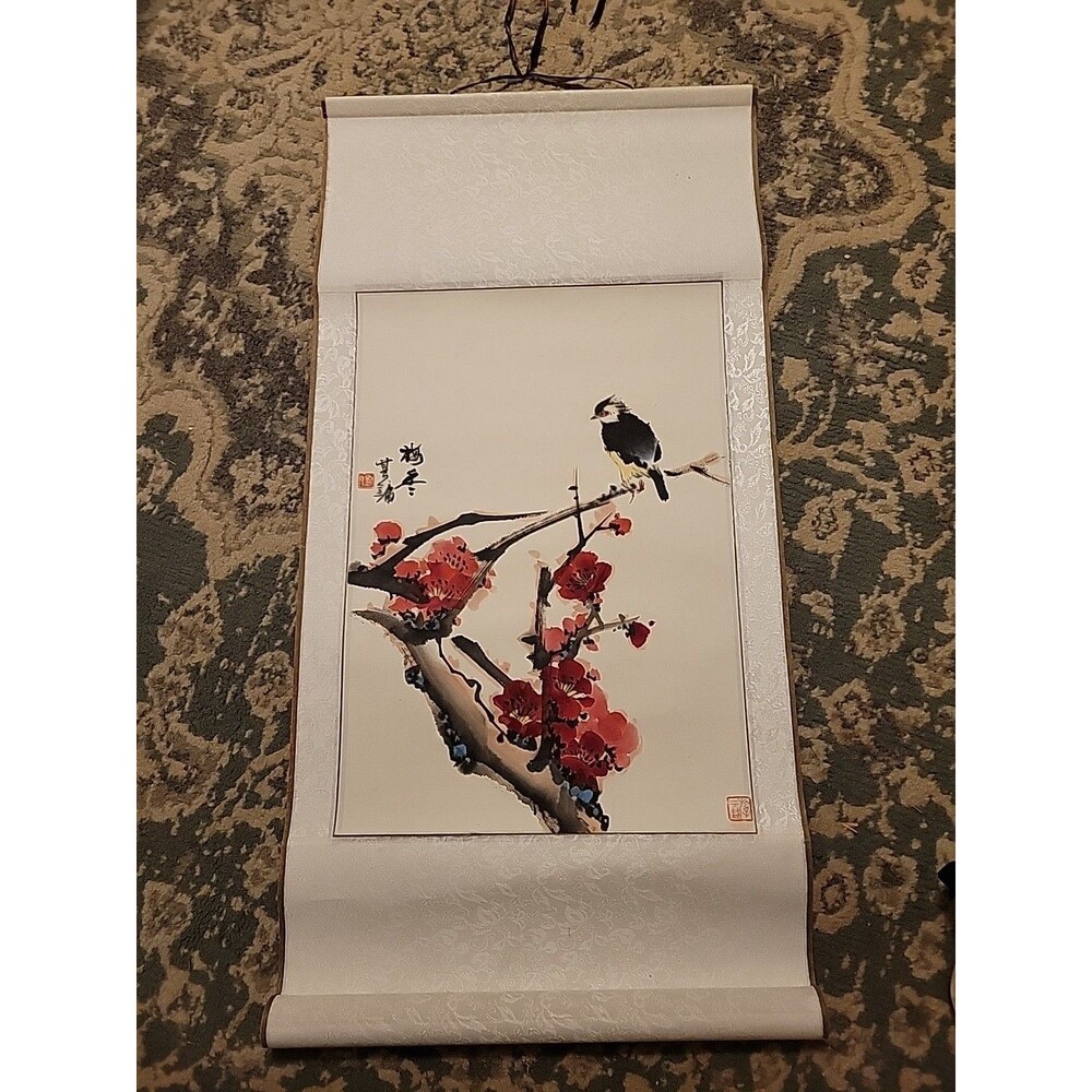 Vtg Chinese Scroll Painting Bird Cherry Blossom Red Flower Branch Wall Hanging
